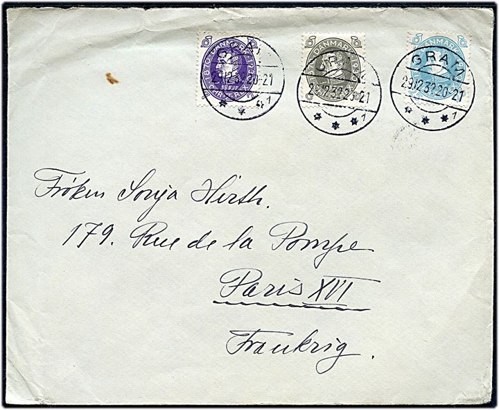 7 øre, 8 øre og 25 øre Chr. X 60 år på 40 øre frankeret brev annulleret med brotype IIc Gram sn1 d. 29.12.1932 til Paris, Frankrig.