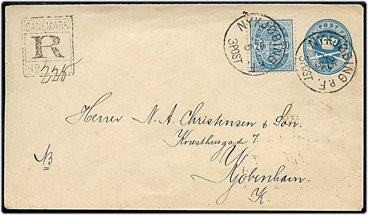 4 øre helsagskuvert opfrankeret med 20 øre Våben sendt anbefalet og annulleret lapidar Nykjøbing p.F. d. 25.5.1889 til Kjøbenhavn.