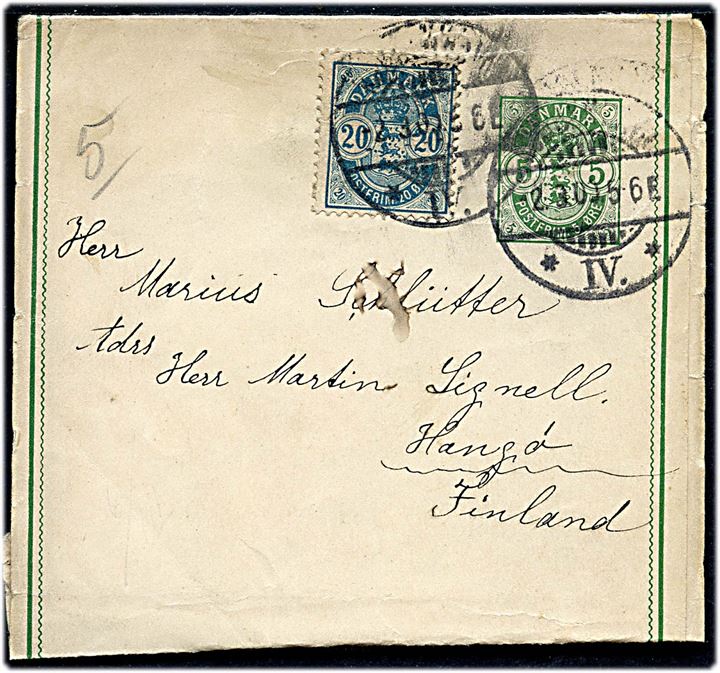 5 øre Våben helsagsbrevkort opfrankeret med 20 øre Våben og sendt som 5 vægtkl. tryksag fra Kjøbenhavn d. 2.3.1900 til Hangö, Finland.