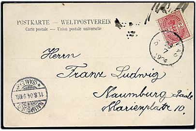 2 cents Våben single på brevkort (St. Thomas, Government Hill) annulleret St. Thomas d. 23.7.1904 til Naumburg, Tyskland. AFA: 1600,-
