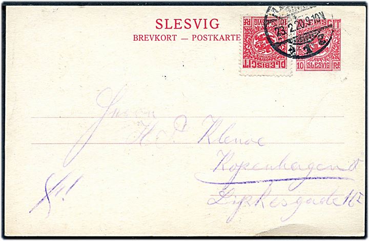 10 pfg. Fælles udg. helsagsbrevkort opfrankeret med 10 pfg. Fælles udg. fra Flensburg d. 23.2.1920 til København, Danmark.