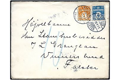 1 øre og 4 øre Bølgelinie på underfrankeret brev fra Nykjøbing Falster d. 17.3.1909 til Vennerslund pr. Nørre-Alslev. Frankeret til lokaltakst og udtakseret i 10 øre porto.