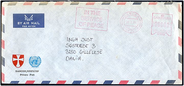 DANCON / UNFICYP In Service of Peace d. 29.1.1991 frankostempel på ufrankeret luftpostbrev fra dansk FN-soldat på Cypern til Gilleleje.