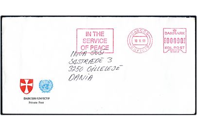 DANCON / UNFICYP In Service of Peace d. 10.11.1990 frankostempel på ufrankeret brev fra dansk FN-soldat på Cypern til Gilleleje.