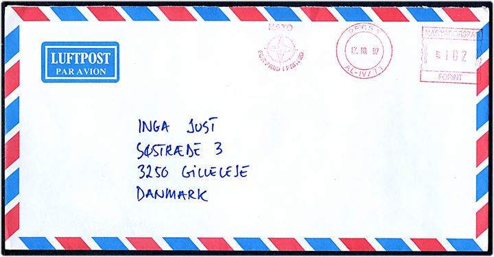 Ungarsk 1020 f. frankostempel PECS / NATO for fred i frihed d. 17.10.1997 på luftpostbrev til Gilleleje, Danmark. På bagsiden afs.-stempel: C-SQN DANBN/NORDPOLBDE/SFOR Feltpost 222 / Krasevo / H-7650.