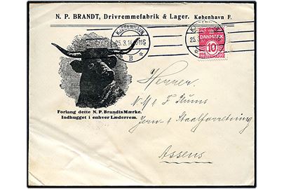 10 øre Bølgelinie på illustreret firmakuvert fra N. P. Brandt Drivremmefabrik i Kjøbenhavn d. 25.3.1914 til Assens.