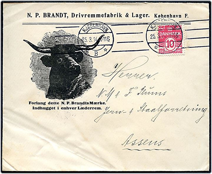 10 øre Bølgelinie på illustreret firmakuvert fra N. P. Brandt Drivremmefabrik i Kjøbenhavn d. 25.3.1914 til Assens.