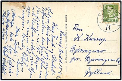 15 øre Fr. IX på brevkort (Strib mølle, Samsø) annulleret med brotype Vd skibsstempel Kolby Kaas H. d. 15.8.1950 til Bjerregrav. Frimærke med skjolder. 