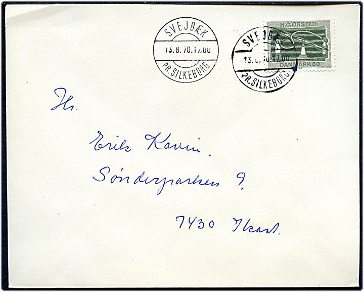 80 øre H. C. Ørsted på filatelistisk kuvert annulleret med sjældent pr.-stempel Svejbæk pr. Silkeborg d. 13.8.1970 til Ikast. Stemplet kendes kun som filatelistisk aftryk.