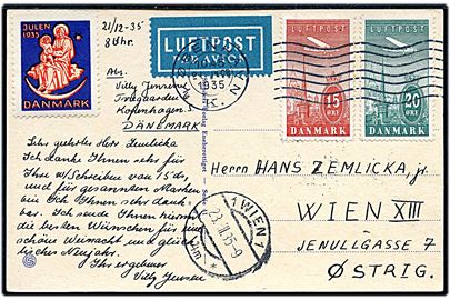15 øre og 20 øre Luftpost, samt Julemærke 1935, på luftpost julekort fra København d. 21.12.1935 til Wien, Østrig. Ank.stemplet i Wien d. 23.12.1935.