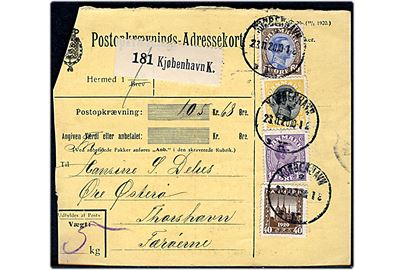 15 øre, 35 øre, 60 øre Chr. X og 40 øre Genforening på postopkrævnings adressekort fra Kjøbenhavn d. 23.11.1920 til Øre på Østerø pr. Thorshavn, Færøerne.