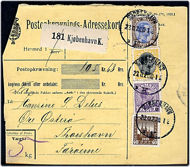 15 øre, 35 øre, 60 øre Chr. X og 40 øre Genforening på postopkrævnings adressekort fra Kjøbenhavn d. 23.11.1920 til Øre på Østerø pr. Thorshavn, Færøerne.