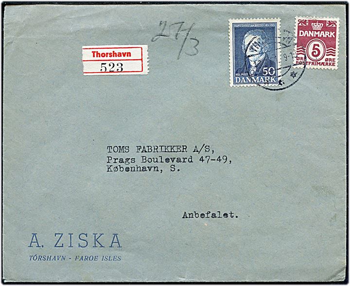 5 øre Bølgelinie og 50 øre Ørsted på anbefalet brev fra Thorshavn d. 17.3.1951 til København.