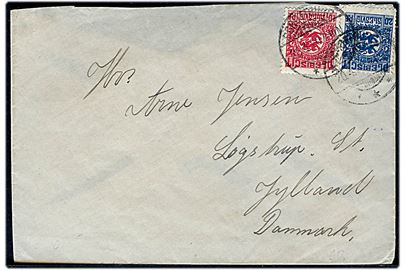 10 pfg. og 20 pfg. Fælles udg. på brev annulleret Schottburg d. 20.4.1920 til Løgstrup St., Danmark. Del af bagklap mgl.