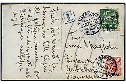 10 öre Løve på underfrankeret brevkort fra Hälsingborg d. 26.10.1921 til Nakskov, Danmark. Udtakseret i porto med 10 øre Chr. X Porto-provisorium stemplet Nakskov d. 31.10.1921.