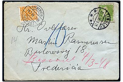 15 øre Chr. X (defekt) på underfrankeret brev fra Tinglev d. 13.2.1948 til Fredericia. Udtakseret i porto med 10 øre Portomærke annulleret med sjældent brotype IIc Fredericia Togpost d. 14.2.1948.