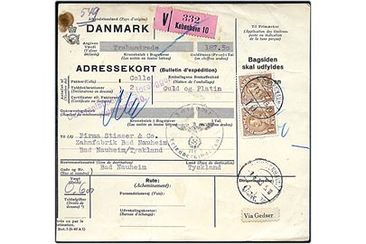 1 kr. Chr. X i parstykke på internationalt adressekort for værdipakke fra København d. 31.5.1943 til Bad Nauheim, Tyskland. Tysk toldstempel. 