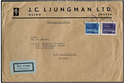 10 öre og 50 öre Nattflyg på stort luftpostbrev fra Malmö d. 23.10.1934 til Amsterdam, Holland.