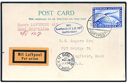 2 mk. Zeppelin single på luftpostkort stemplet Friedrichshafen * Luftpost * d. 10.10.1928 via New York d. 16.10.1928 til Springfield, USA. Ovalt flyvningsstempel: Mit Luftschiff LZ 127 befördert. Uden meddelelse på bagsiden.