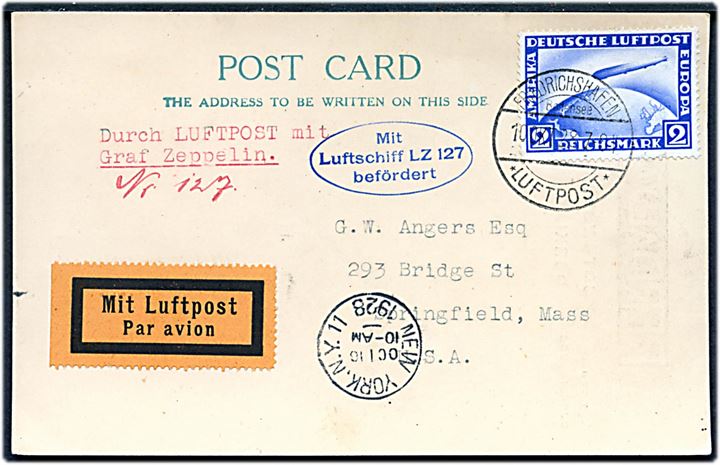 2 mk. Zeppelin single på luftpostkort stemplet Friedrichshafen * Luftpost * d. 10.10.1928 via New York d. 16.10.1928 til Springfield, USA. Ovalt flyvningsstempel: Mit Luftschiff LZ 127 befördert. Uden meddelelse på bagsiden.