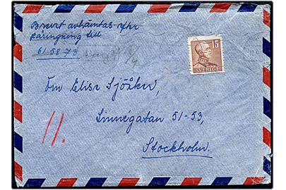 15 öre Gustaf på luftpostkuvert sendt som kurérpost fra den svenske legation i Moskva og annulleret Stockholm d. 18.4.1947 til lokal adresse i Stockholm.