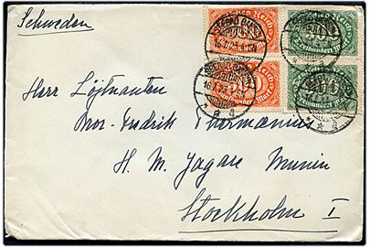 300 mk. (2) og 500 mk. (2) Infla udg. på brev fra Seebad Bansin d. 16.7.1923 til løjtnant ombord på svensk jager Munin, Stockholm I, Sverige.
