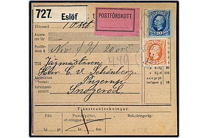 20 öre og 25 öre Oscar II på adressekort for pakke med postopkrævning fra Eslöf d. 11.12.1907 til Snogeröd.