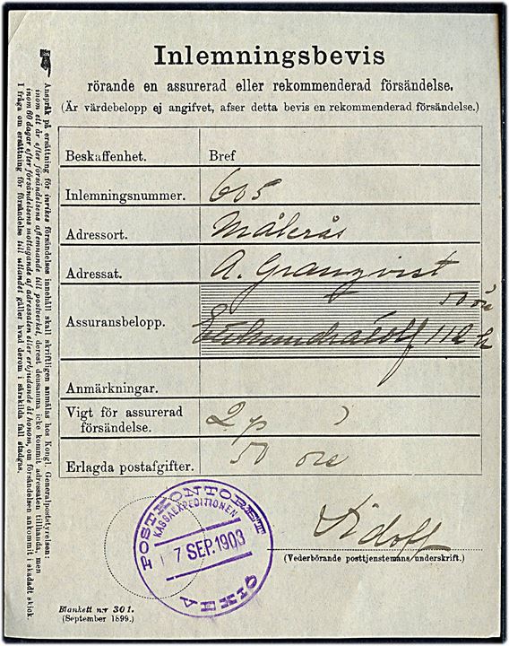 Inlemningsbevis - blankett nr. 301 for værdibrev til Målerås med stort violet stempel: Postkontoret Kassaexpeditionen Vexiö d. 7.9.1903.