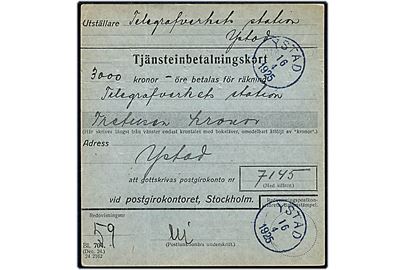 Tjänsteinbetalingskort fra Telegrafverkets Station med stempel Ystad d. 16.4.1925 til Stockholm.