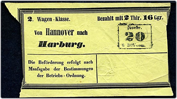 Königlich Hannöversche Staatseisenbahnen 2 Thlr. 16 Ggr. jernbanebillet for 2. klasse på strækningen Hannover til Harburg med rammestempel Novembr. 20 6.30 Vorm. og prægestempel K.H.E.B..