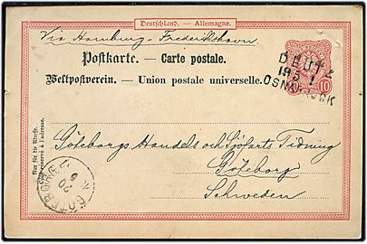 10 pfg. helsagsbrevkort fra Kreutznach annulleret med bureaustempel Deutz - Osnabrück d. 19.5.1887 til Göteborg, Sverige. Påskrevet: Via Hamburg - Frederikshavn.