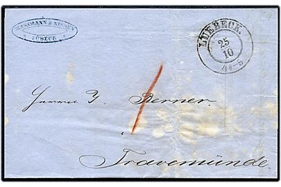 1861. Portobrev med faktura for gods med S/S L. J. Bager til Malmö med 2-ringsstempel Luebeck d. 25.10.1861 til Travemünde. Påskrevet 1 med rødkridt.