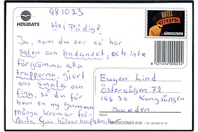 Turistporto frankeret brevkort fra de kanariske øer dateret d. 23.10.1998 til Sverige.