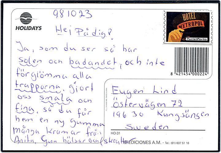 Turistporto frankeret brevkort fra de kanariske øer dateret d. 23.10.1998 til Sverige.
