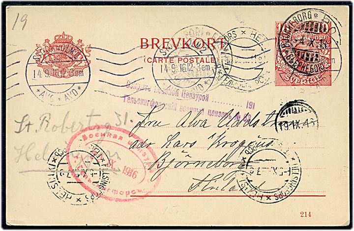10 öre Gustaf helsagsbrevkort fra Stockholm d. 14.9.1916 til Bjørneborg, Finland - eftersendt til Helsingfors. To forskellige stempler fra den russiske censur i Helsingfors.