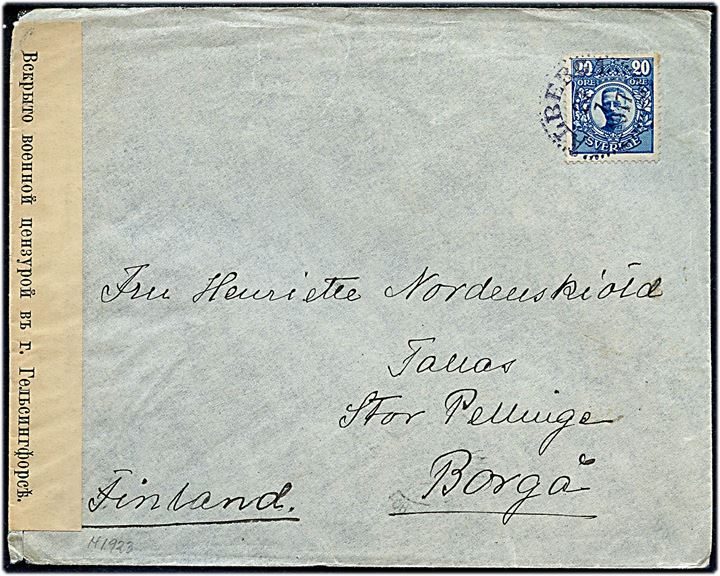 20 öre Gustaf på brev fra Ålberga d. 27.7.1917 til Borgå, Finland. Åbnet af russisk censur i Helsingfors.