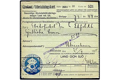 Udbetalingskort til Ulricehamn med spændende blåt stempel fra Postgirokontoret d. 26.9.1925.