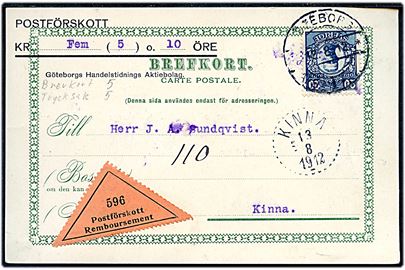 20 öre Gustaf single på brevkort med postopkrævning fra Göteborg d. 12.8.1912 til Kinna.