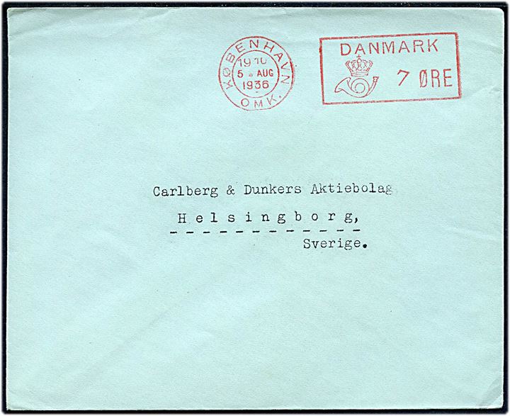 7 øre posthusfranko - med skævt 7-tal - på tryksag fra København d. 5.8.1936 til Helsingborg, Sverige.