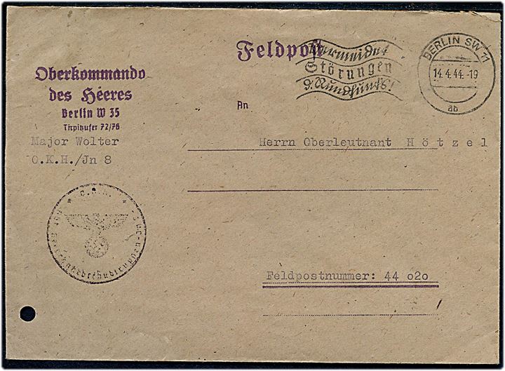 Ufrankeret feltpostbrev fra Oberkommando der Herres i Berlin d. 14.4.1944 til officer ved feltpost nr. 44020 (= Kommandeur des Armee-Nachschub-Trupp 579) stationeret i Norge. Arkivhul.