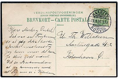 5 øre Våben på brevkort annulleret med bureaustempel Haarlev - Rødvig T.13 d. 29.9.1905 til København.