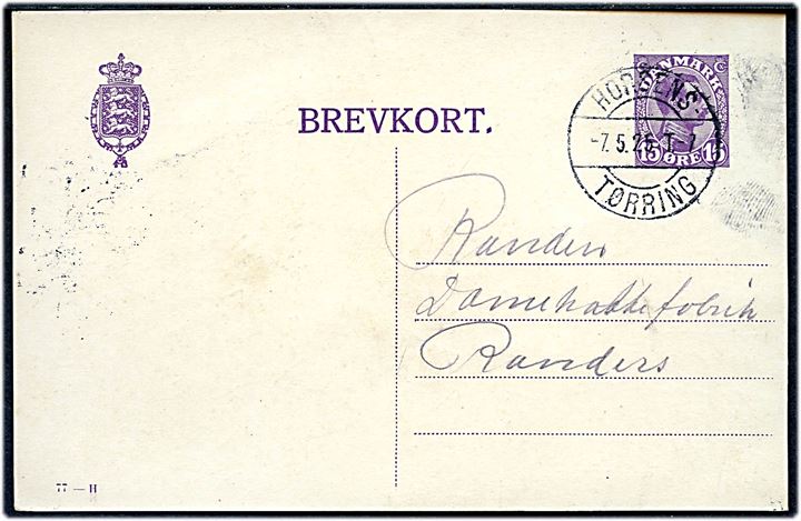 15 øre Chr. X helsagsbrevkort (fabr. 77-H) fra Vang pr. Tørring annulleret med bureaustempel Horsens - Tørring T.7 d. 7.5.1925 til Randers.