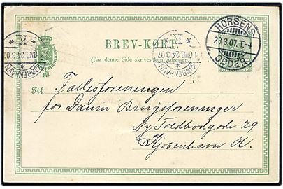 5 øre Chr. IX helsagsbrevkort fra Gangsted Brugsforening annulleret med bureaustempel Horsens - Odder T.4 d. 23.3.1907 til Kjøbenhavn.