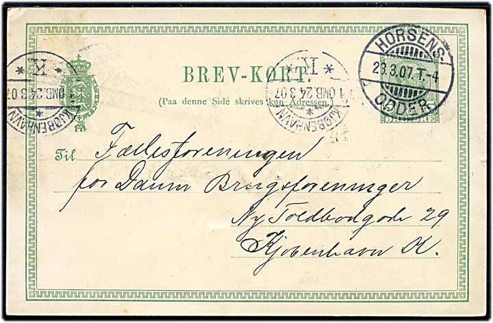 5 øre Chr. IX helsagsbrevkort fra Gangsted Brugsforening annulleret med bureaustempel Horsens - Odder T.4 d. 23.3.1907 til Kjøbenhavn.