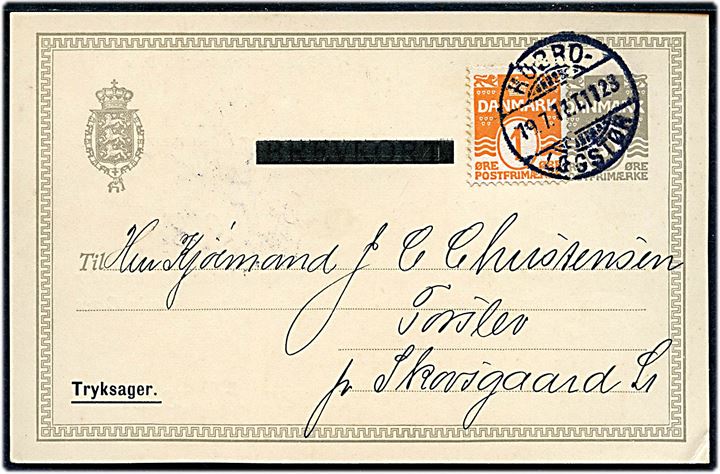 3 øre helsagsbrevkort opfrankeret med 1 øre Bølgelinie sendt som tryksag fra Løgstør og annulleret med bureaustempel Hobro - Løgstør T.1123 d. 19.7.1911 til Skovsgaard.