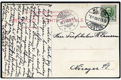 5 øre Fr. VIII på brevkort annulleret med bureaustempel Hobro - Løgstør T.1128 d. 18.6.1908 til Nørager.