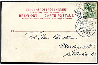 5 øre Våben på brevkort (Nyborg, udsigt fra Volden) annulleret med sejlende bureaustempel Korsør - Nyborg T.52 d. 29.6.1905 til Kjøbenhavn.
