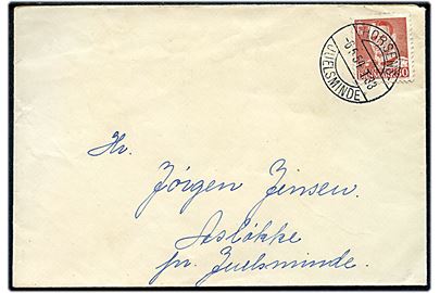 30 øre Fr. IX på brev fra Raarup annulleret med bureaustempel Horsens - Juelsminde T.33 d. 6.5.1954 til Asløkke pr. Juelsminde.