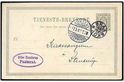 3 øre lokalt helsags tjenestebrevkort fra Urlev Stenderup Pastorat med stjernestempel BRAASKOV og sidestemplet bureau Horsens - Juelsminde T.7 d. 7.5.1907 til Stenderup.
