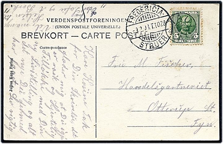 5 øre Fr. VIII på brevkort annulleret med stjernestempel TAULOV og sidestemplet bureau Fredericia - Struer T.1028 d. 9.2.1908 til Otterup.